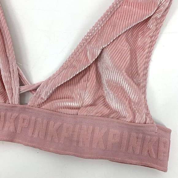 PINK Victoria's Secret Bralette Velvet Unlined Ribbed Spell Out - Picture 3 of 8